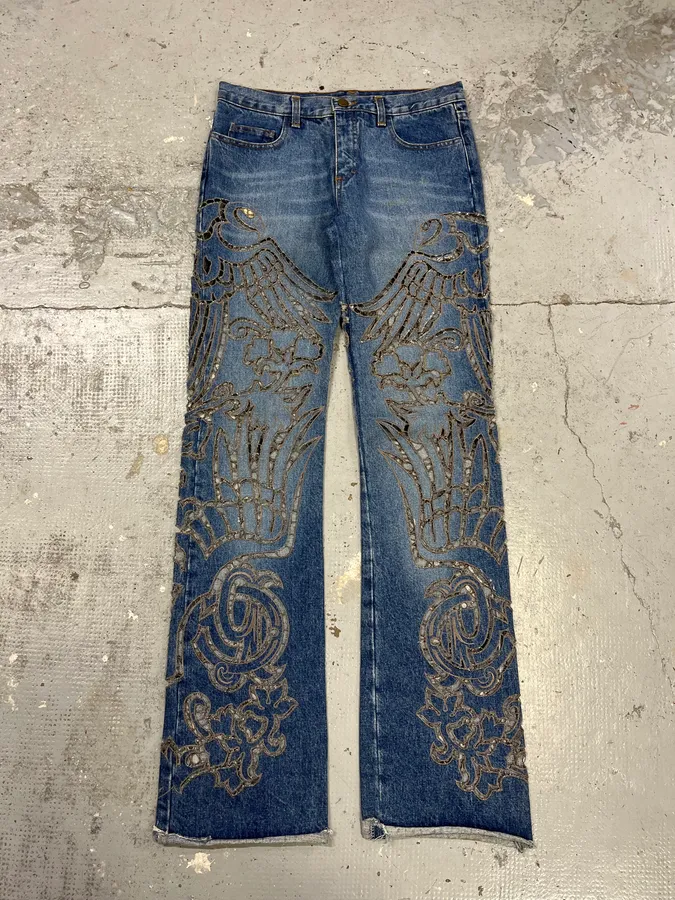 2000s Roberto Cavalli Blue Royal Lazer Cut Denim Jeans - Image 2