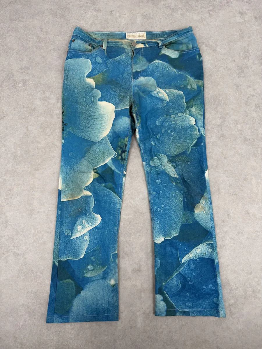 2000s Roberto Cavalli Blue Wet Leaves Print Pants