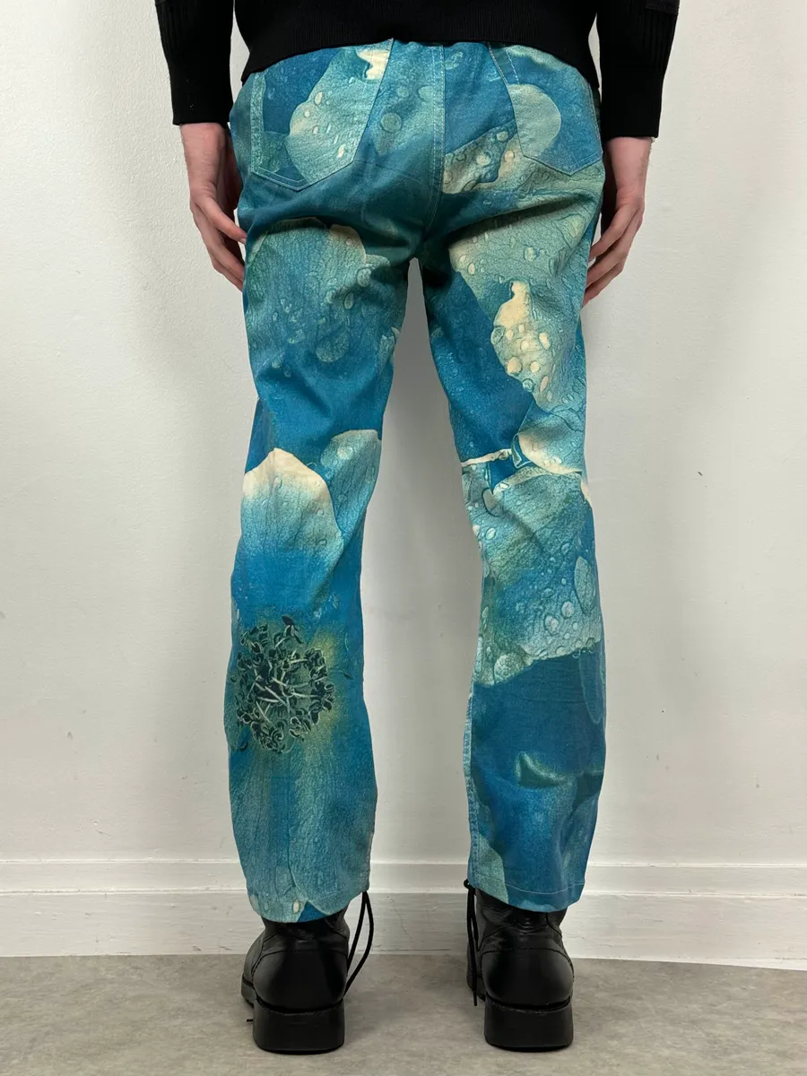 2000s Roberto Cavalli Blue Wet Leaves Print Pants - Image 5