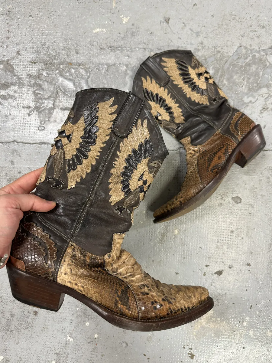 2000s Roberto Cavalli Brown & Beige Ankle Western Python Leather Boots