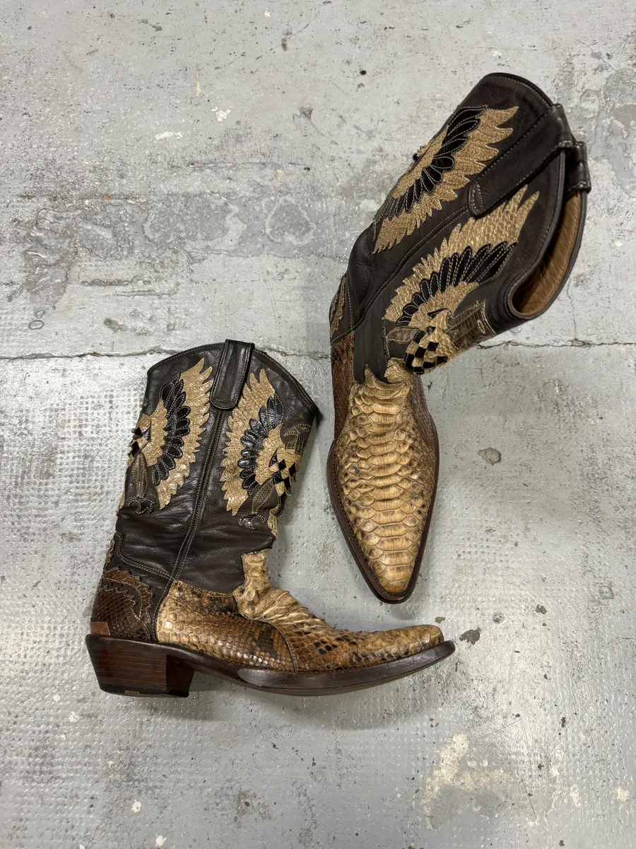 2000s Roberto Cavalli Brown & Beige Ankle Western Python Leather Boots - Image 11