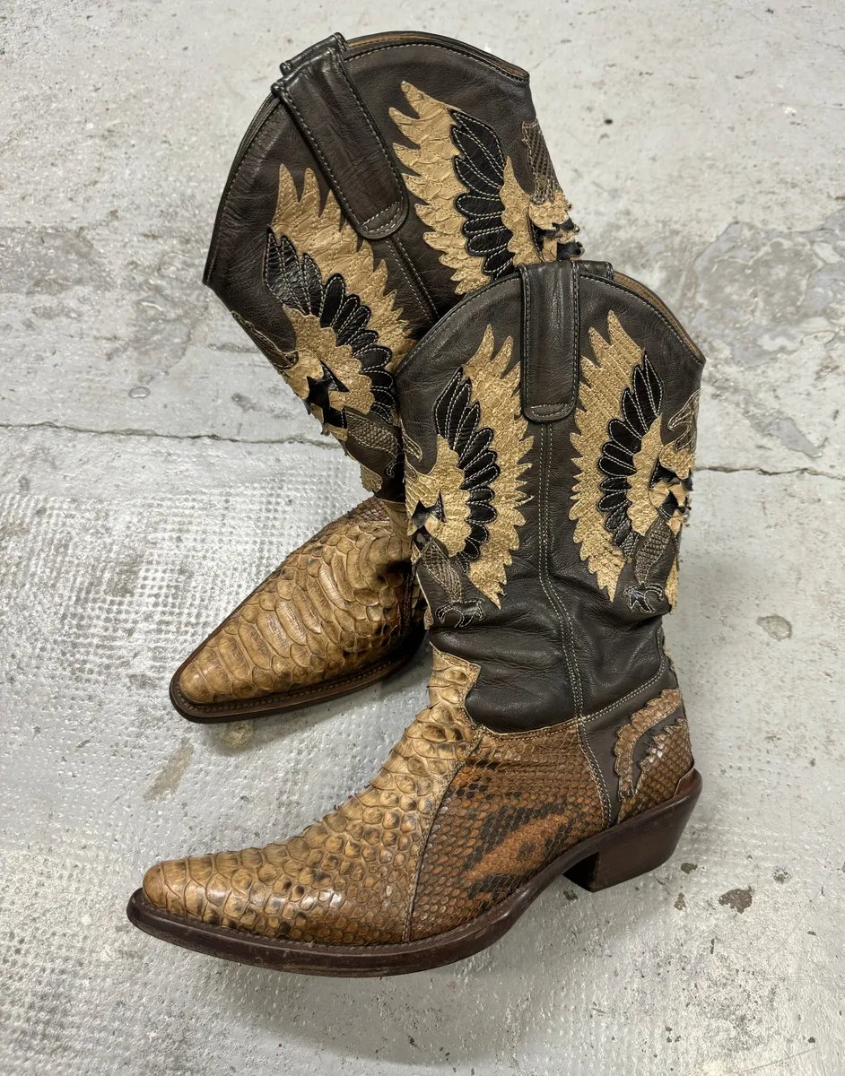 2000s Roberto Cavalli Brown & Beige Ankle Western Python Leather Boots - Image 2
