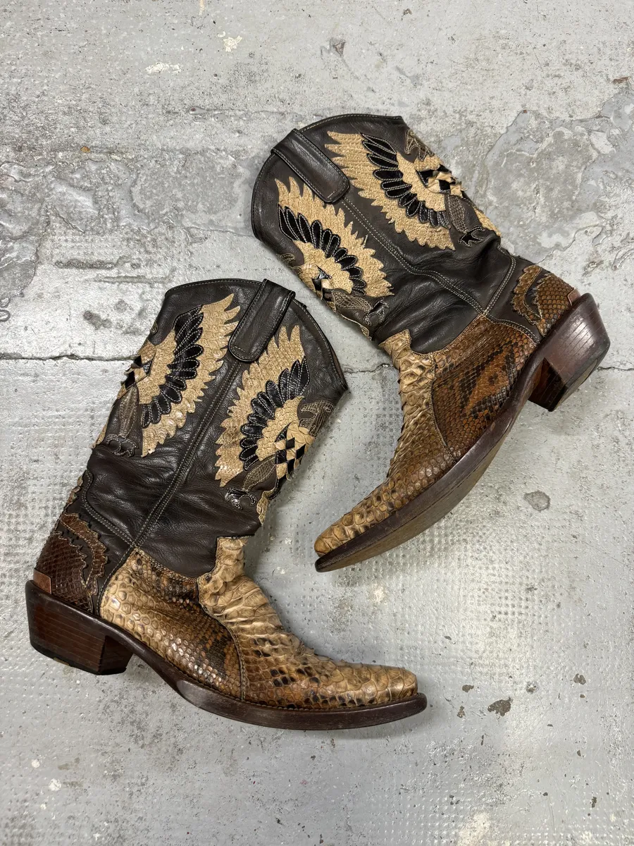 2000s Roberto Cavalli Brown & Beige Ankle Western Python Leather Boots - Image 3