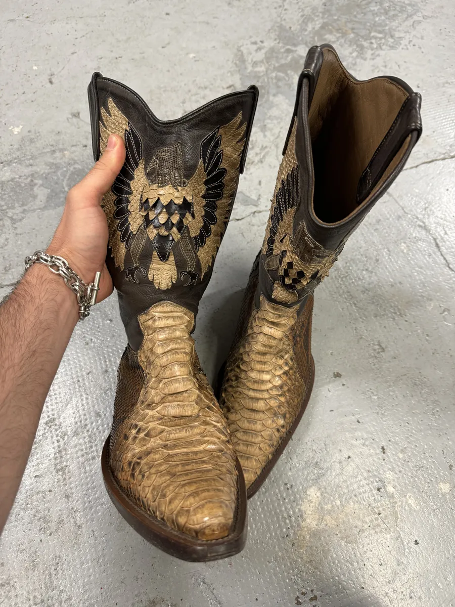 2000s Roberto Cavalli Brown & Beige Ankle Western Python Leather Boots - Image 5