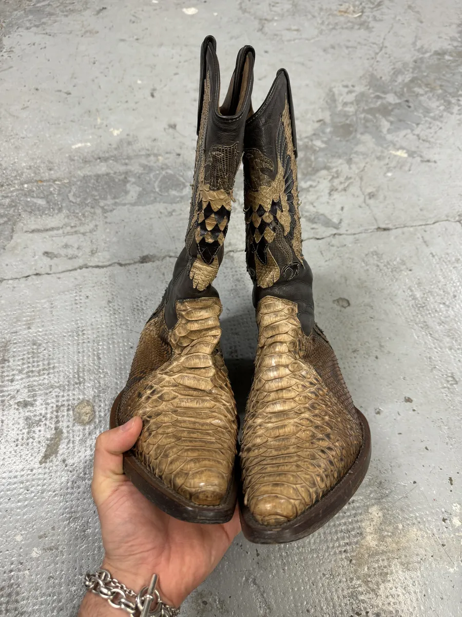 2000s Roberto Cavalli Brown & Beige Ankle Western Python Leather Boots - Image 6