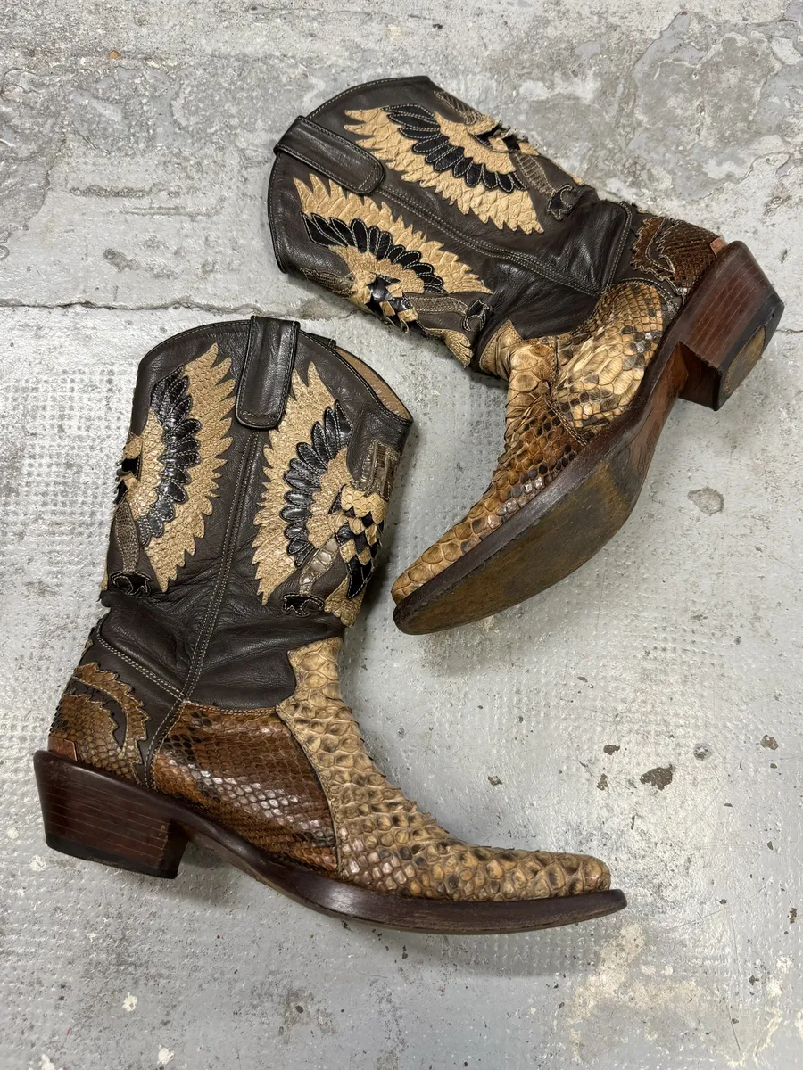 2000s Roberto Cavalli Brown & Beige Ankle Western Python Leather Boots - Image 9