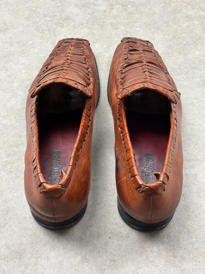 2000s Roberto Cavalli Brown Leather Woven Loafers - Image 8