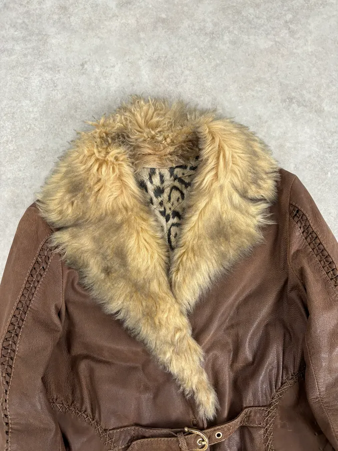 2000s Roberto Cavalli Brown Premium Leather Fur Trench Coat - Image 4