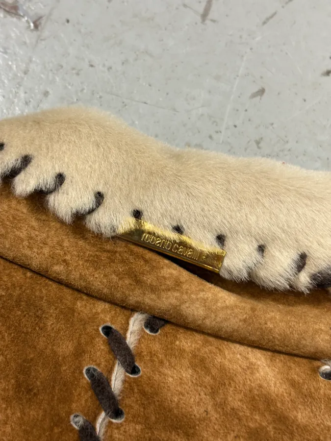 2000s Roberto Cavalli Brown Shearling Asymmetrical Leather Jacket - Image 7