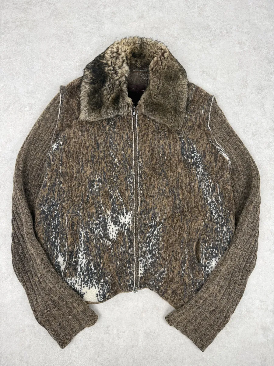 2000s Roberto Cavalli Brown Wool Mohair Fur Collar Light Jacket
