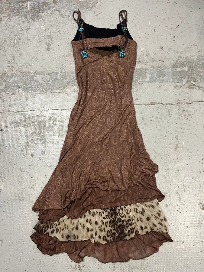 2000s Roberto Cavalli Class Brown Flowers & Leopard Dress - Image 4