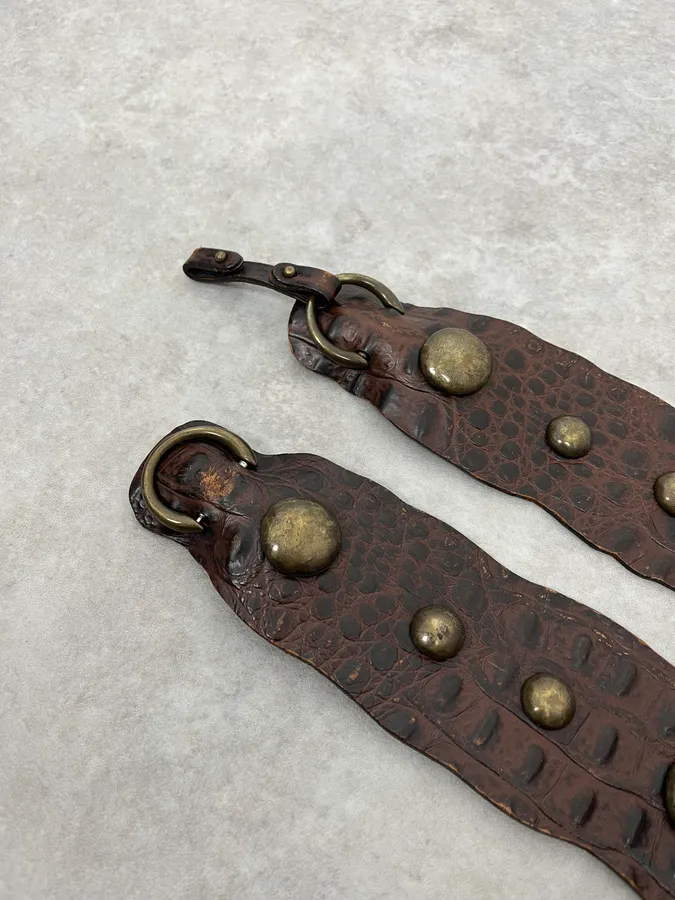 2000s Roberto Cavalli Crocodile Effect Leather Brown Studded Belt - Image 4