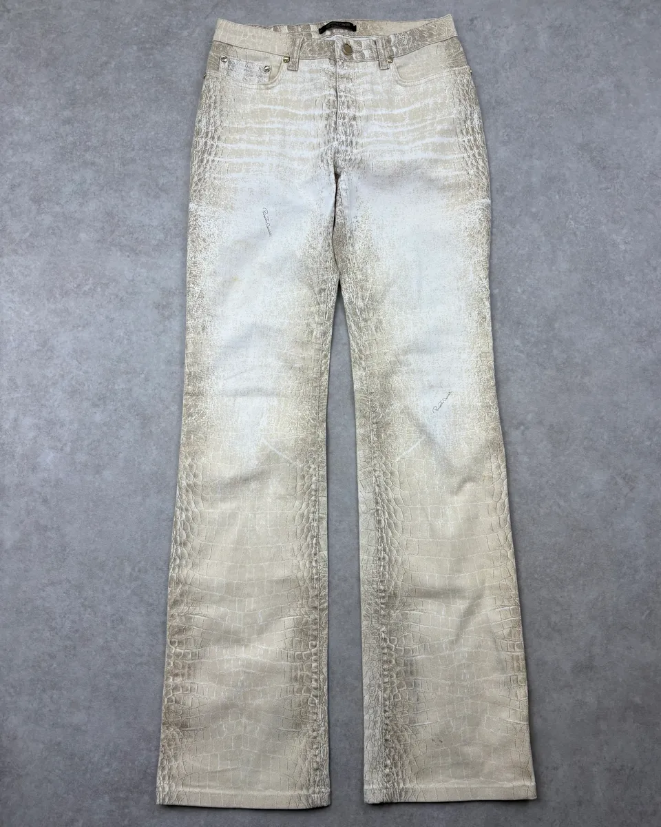 2000s Roberto Cavalli Crocodile Effect White & Beige Pants - Image 3
