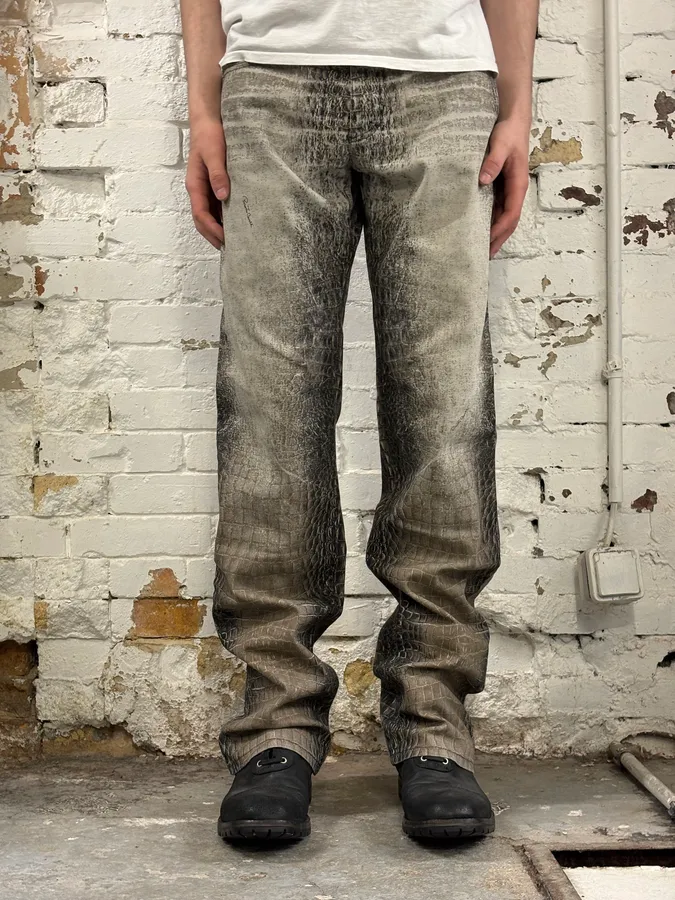 2000s Roberto Cavalli Crocodile Grey & Beige Jeans - Image 2