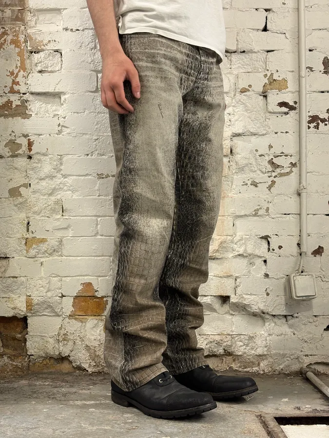 2000s Roberto Cavalli Crocodile Grey & Beige Jeans - Image 3