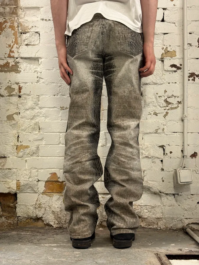 2000s Roberto Cavalli Crocodile Grey & Beige Jeans - Image 4