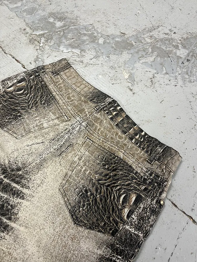 2000s Roberto Cavalli Crocodile Grey & Beige Jeans - Image 8