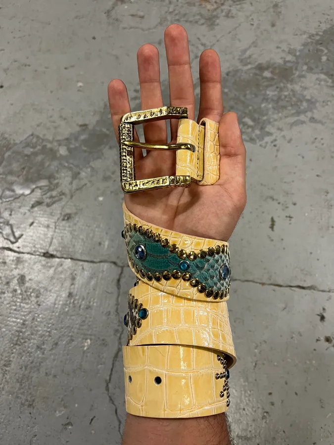 2000s Roberto Cavalli Embellished Crocodile Effect Yellow Leather Belt