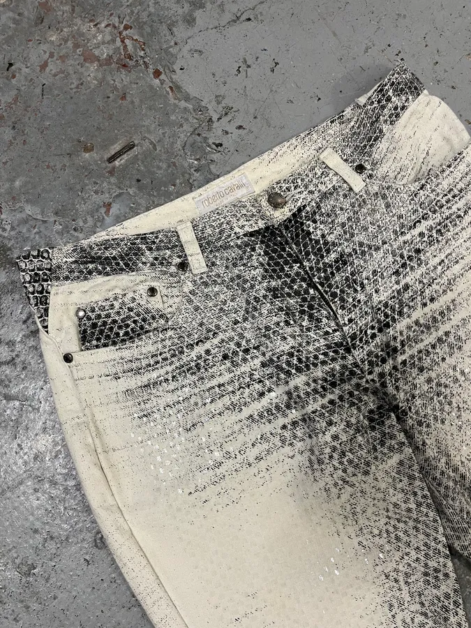 2000s Roberto Cavalli Faded Python Effect White Pants - Image 3