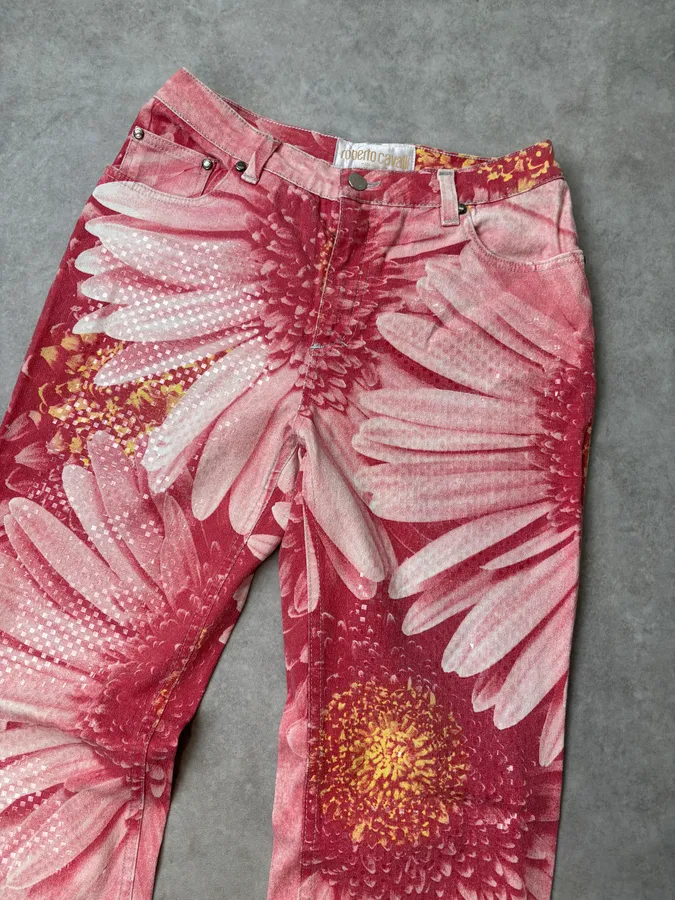2000s Roberto Cavalli Fuchsia Cotton Floral Sequin Pants - Image 5