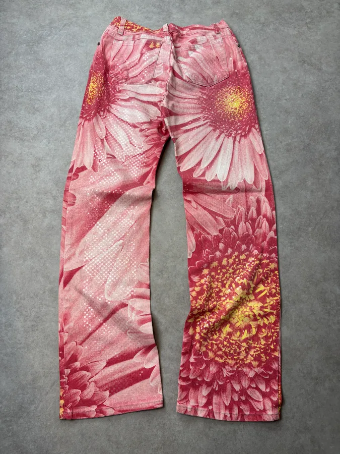 2000s Roberto Cavalli Fuchsia Cotton Floral Sequin Pants - Image 6