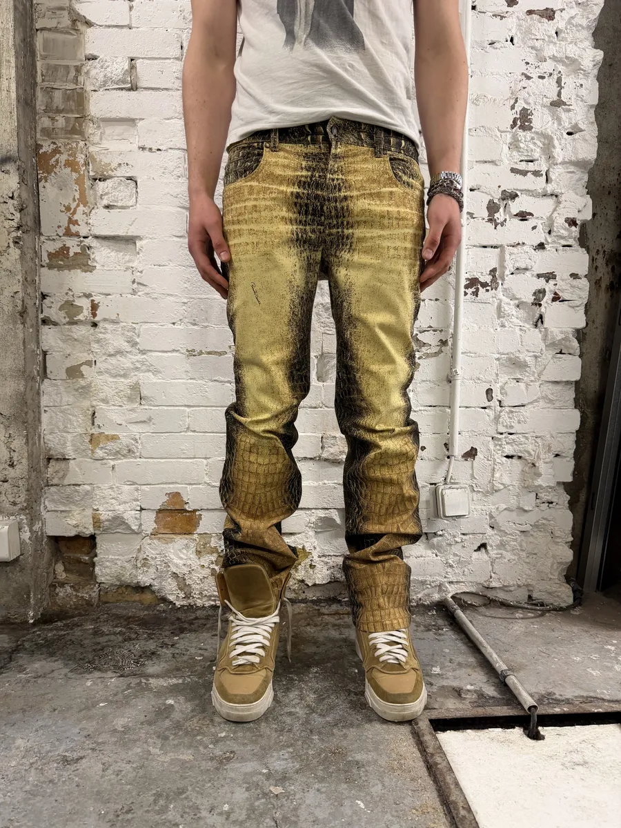 2000s Roberto Cavalli Gold Crocodile Effect Pants - Image 5