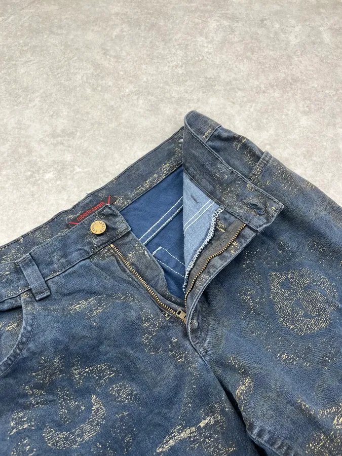 2000s Roberto Cavalli Gold Mosaic Navy Denim Jeans - Image 10