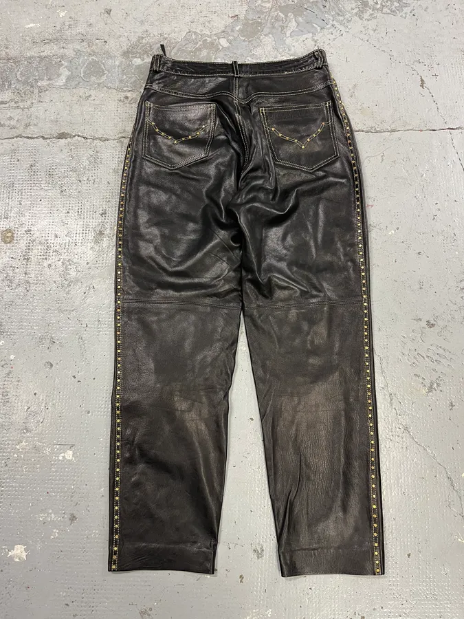 2000s Roberto Cavalli Gold studded Black Leather Pant - Image 7