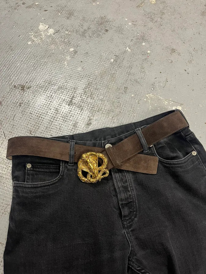 2000s Roberto Cavalli Golden Cobra Brown Leather Belt - Image 3