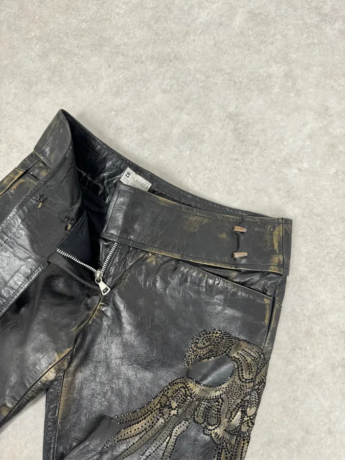 2000s Roberto Cavalli Golden Flowers Black Leather Pants - Image 10