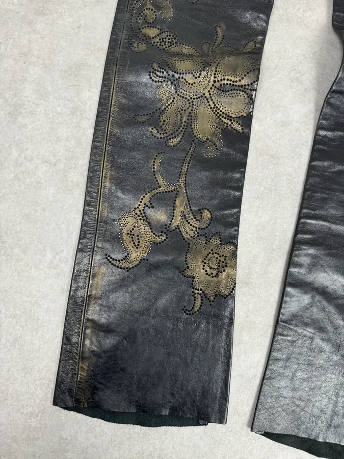2000s Roberto Cavalli Golden Flowers Black Leather Pants - Image 4