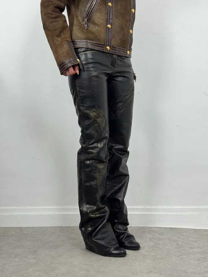 2000s Roberto Cavalli Golden Flowers Black Leather Pants - Image 6