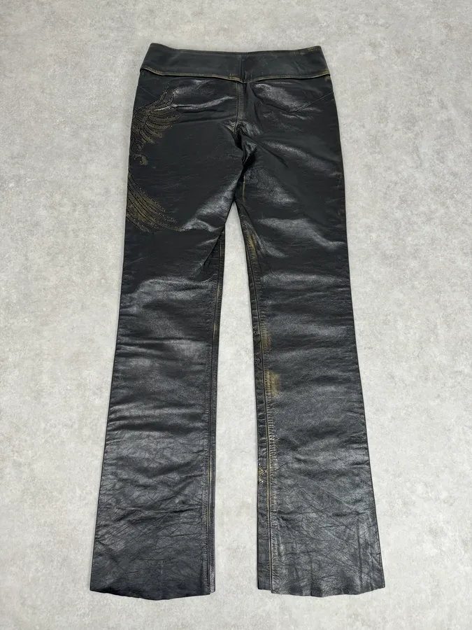 2000s Roberto Cavalli Golden Flowers Black Leather Pants - Image 7