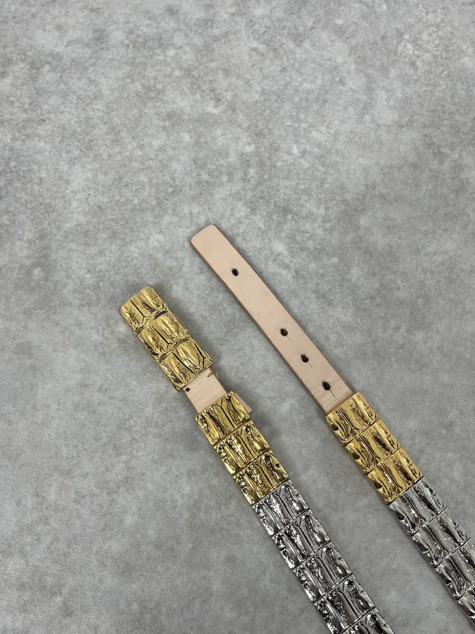 2000s Roberto Cavalli Golden & Silver Crocodile Skin Effect Leather Belt - Image 4