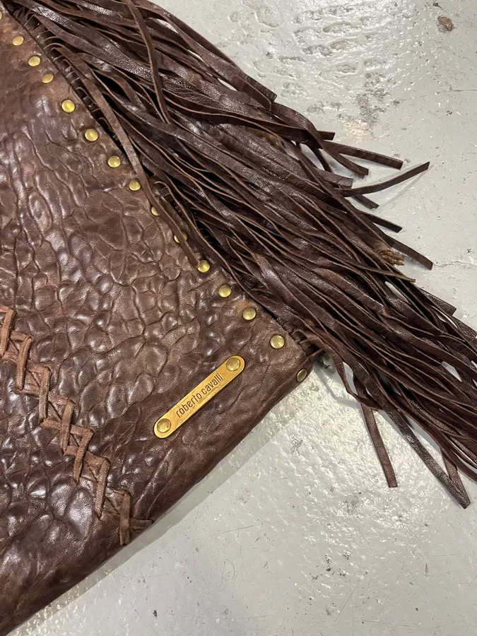 2000s Roberto Cavalli Grain Brown Leather Fringe Shoulder Bag - Image 4