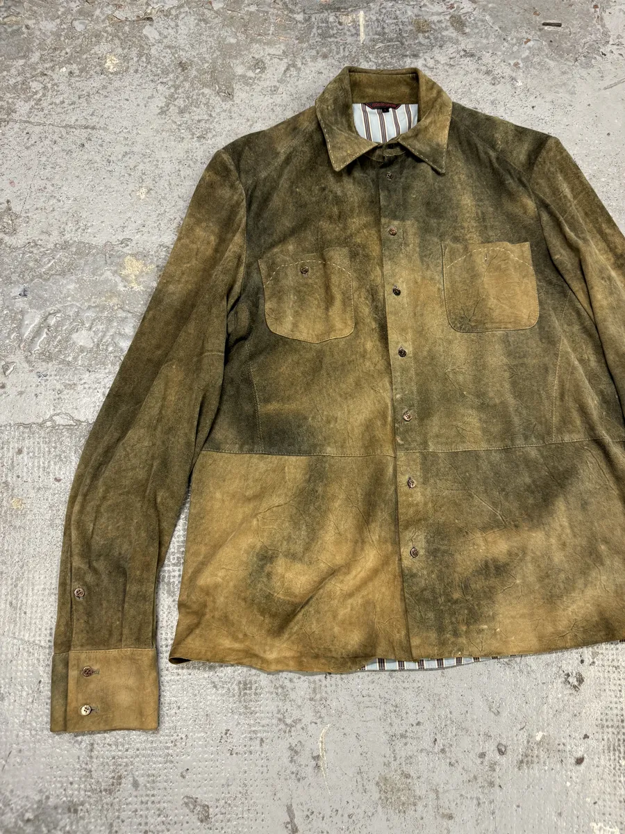 2000s Roberto Cavalli Green Faded Dust Leather Shirt - Image 7