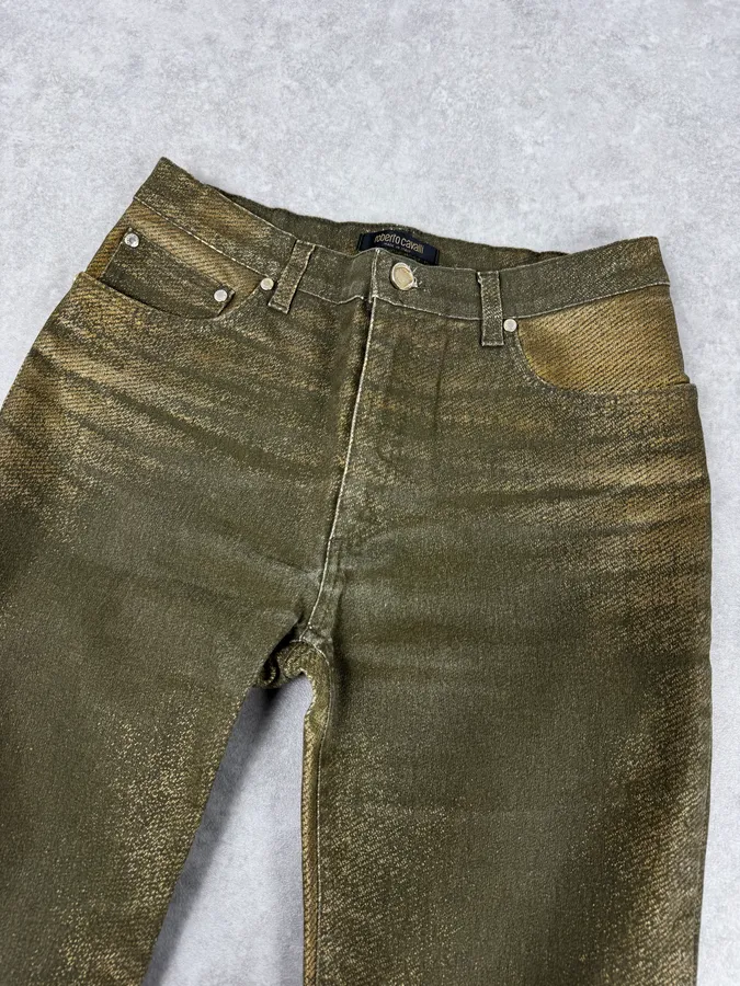 2000s Roberto Cavalli Green & Gold Shiny Overprint Pants - Image 6