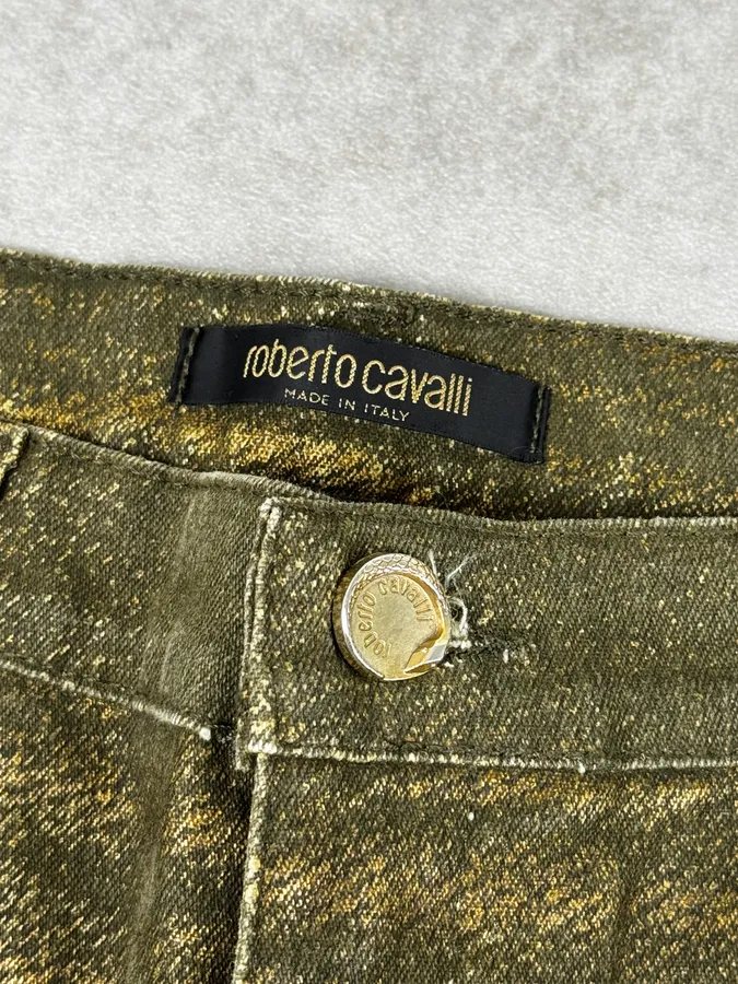2000s Roberto Cavalli Green & Gold Shiny Overprint Pants - Image 9