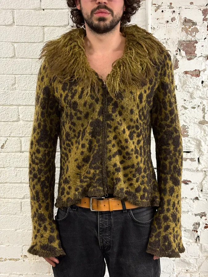 2000s Roberto Cavalli Khaki Mohair Leopard Print Cardigan - Image 2