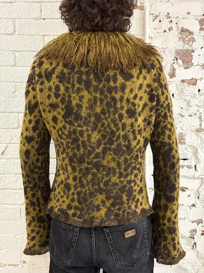 2000s Roberto Cavalli Khaki Mohair Leopard Print Cardigan - Image 3