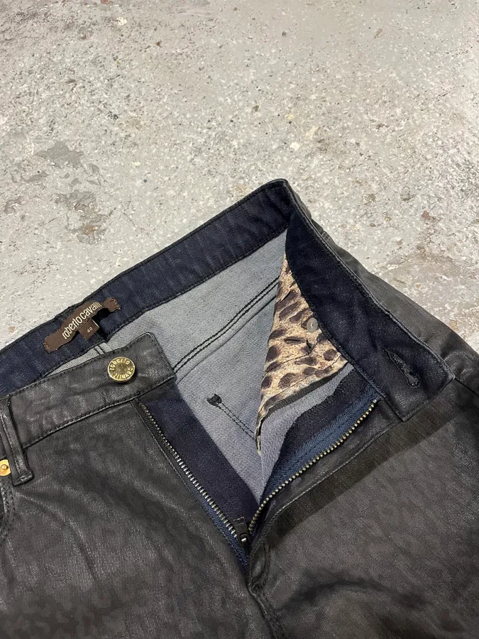 2000s Roberto Cavalli Leopard Dark Waxed Jeans - Image 10