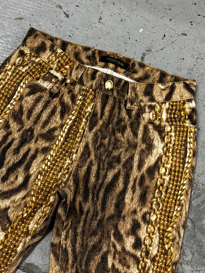 2000s Roberto Cavalli Leopard & Gold Chains Pants - Image 8