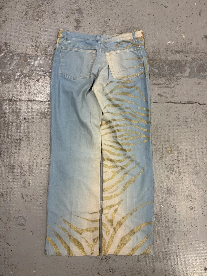2000s Roberto Cavalli Light Blue Denim Gold Zebra Print Jeans - Image 6