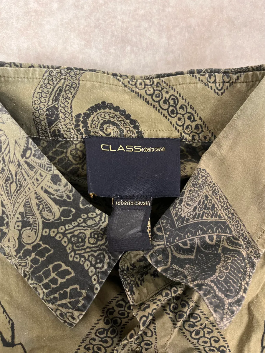 2000s Roberto Cavalli Olive Green & Black Presley Black Shirt - Image 8