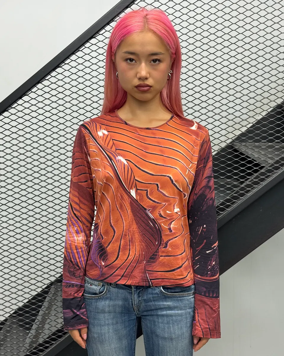 2000s Roberto Cavalli Orange Abstract Wave Longsleeve - Image 2