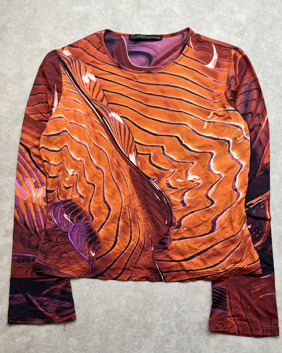2000s Roberto Cavalli Orange Abstract Wave Longsleeve - Image 4