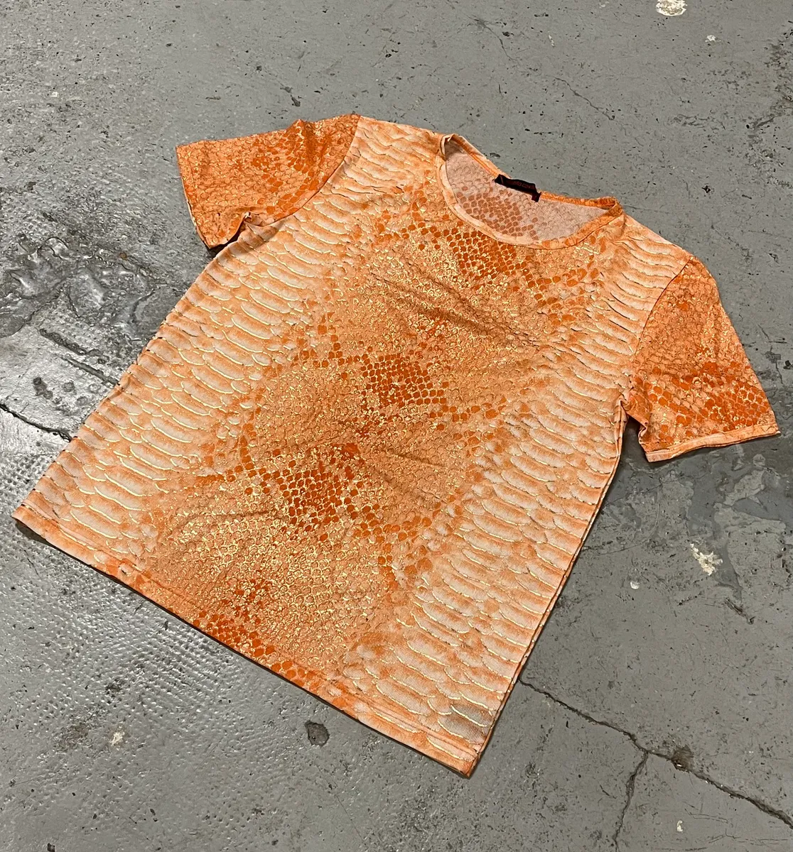 2000s Roberto Cavalli Orange Python Effect T-Shirt - Image 4