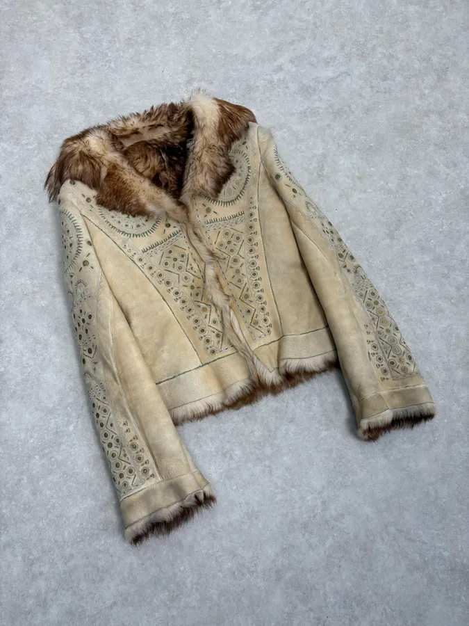 2000s Roberto Cavalli Ornament Fur Sherling Beige Jacket - Image 4