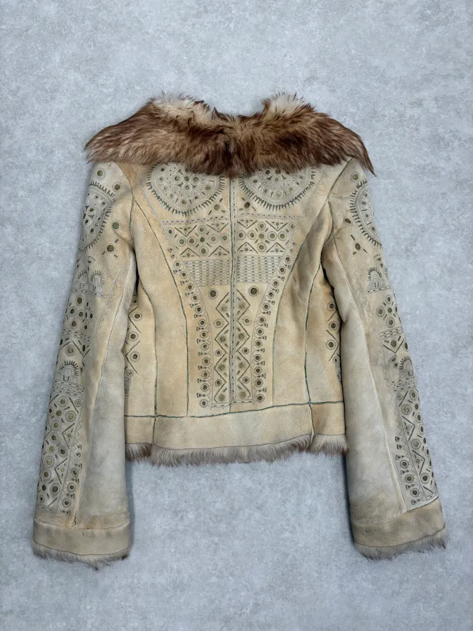 2000s Roberto Cavalli Ornament Fur Sherling Beige Jacket - Image 6