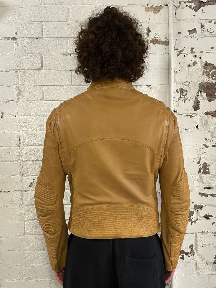 2000s Roberto Cavalli Padded Moto Beige Leather Jacket - Image 3